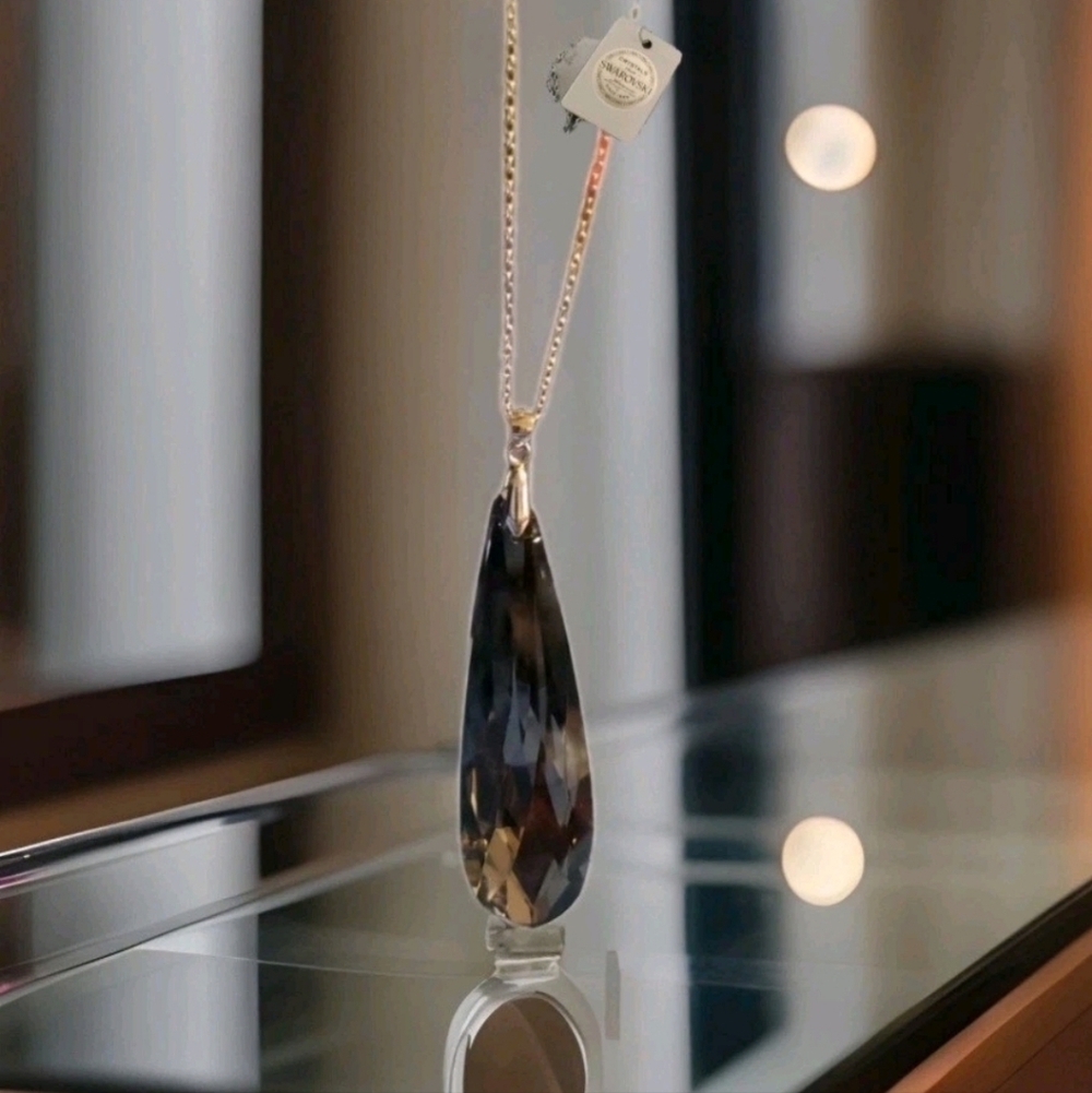 Swarovski Smokey Quartz Crystal Teardrop Sterling Silver Necklace